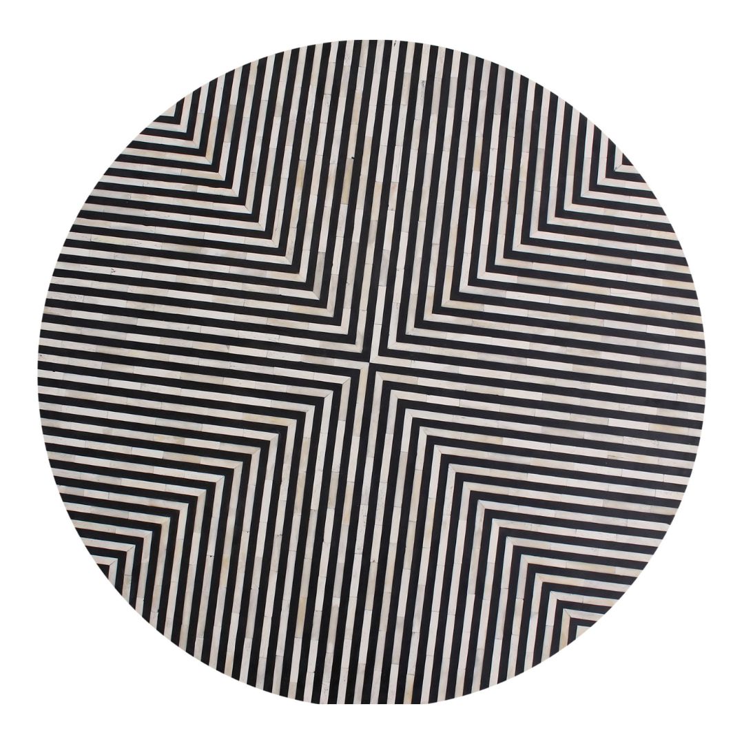 "Black drum-shaped inlay side table featuring artistic patterns"