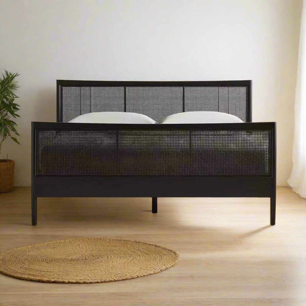Black rattan inlay bed with oak and mahogany frame. Rustic Wood Bed - Perfect for Cozy Bedrooms