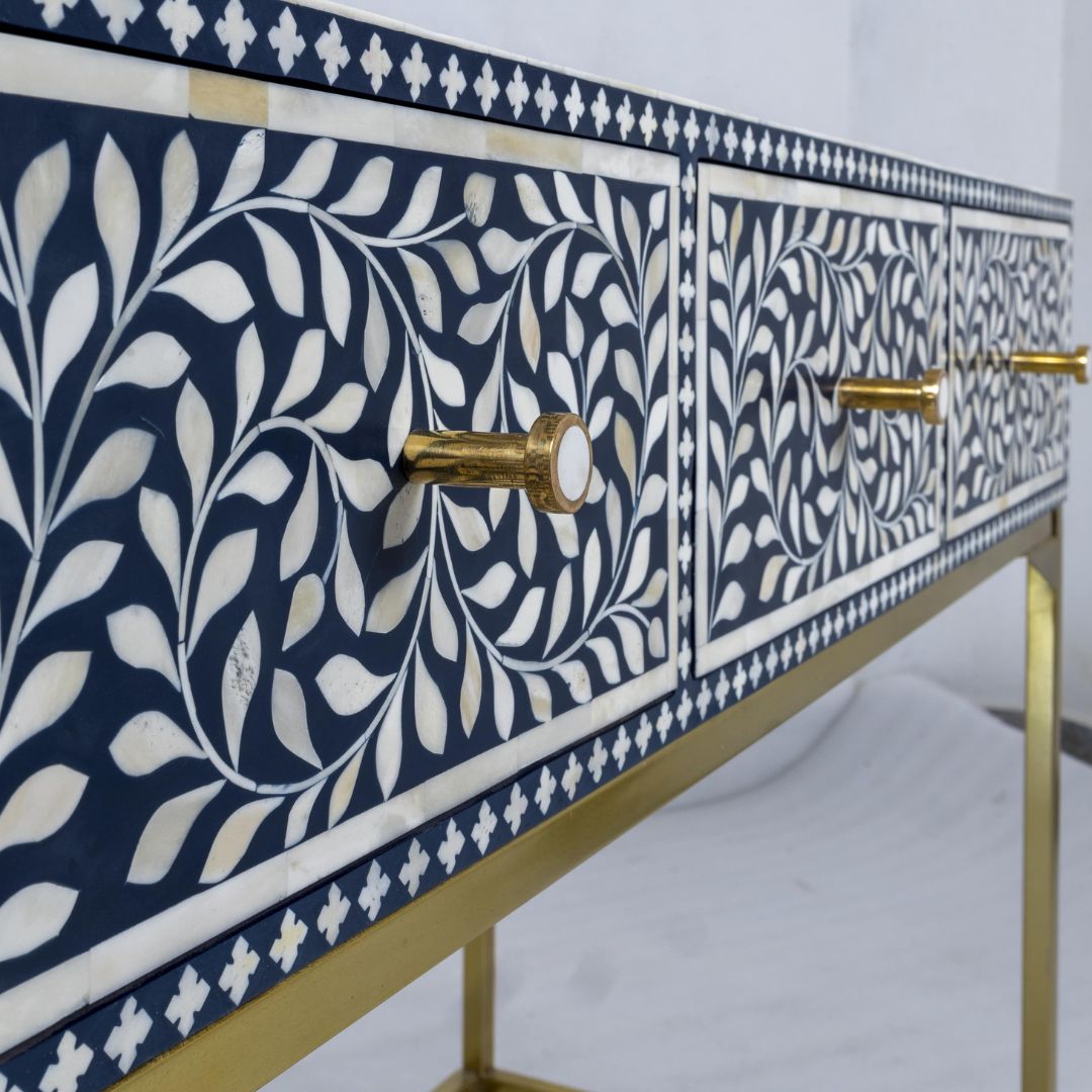 Blue Bone Inlay Console with Floral Pattern
