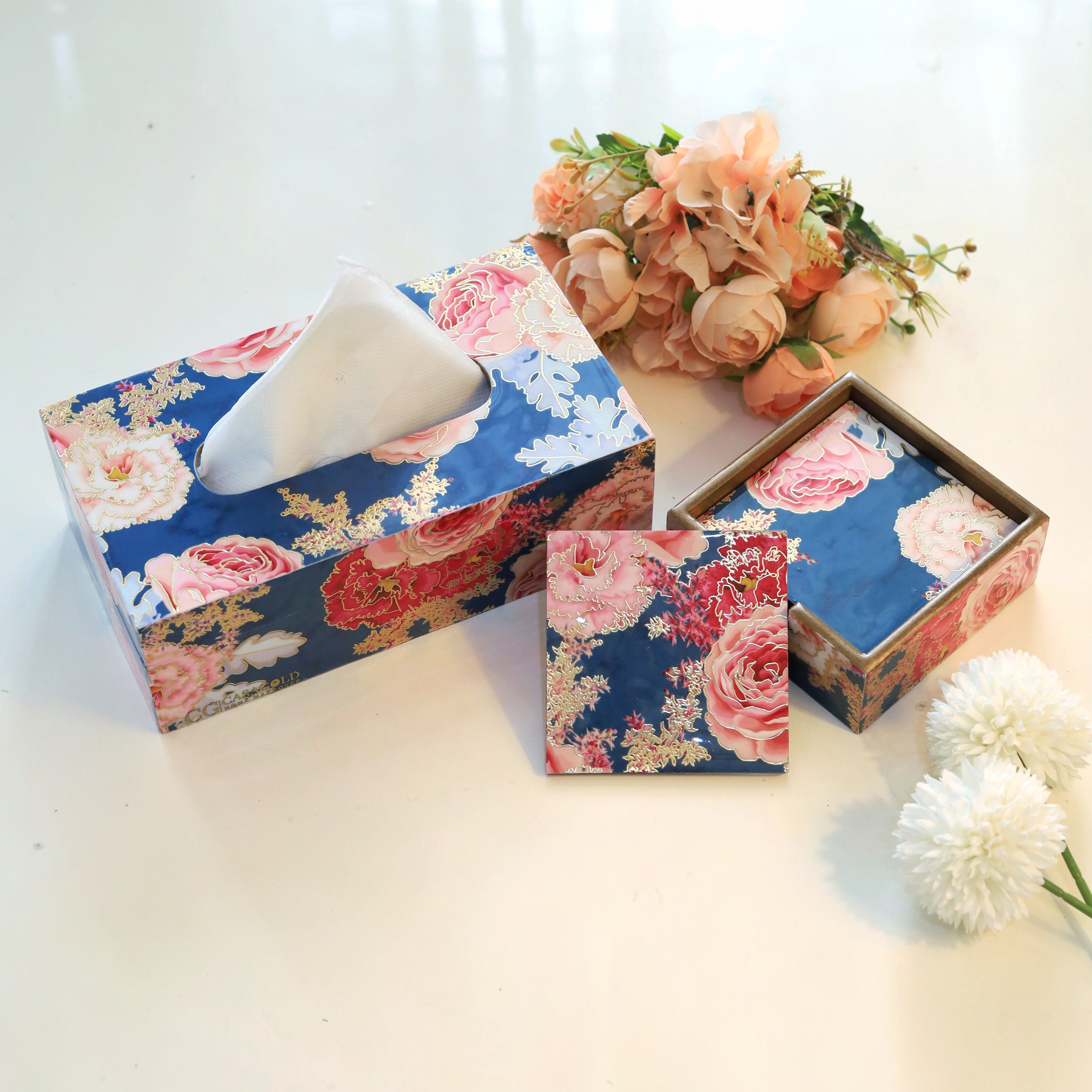Designer coaster with a stylish tissue box