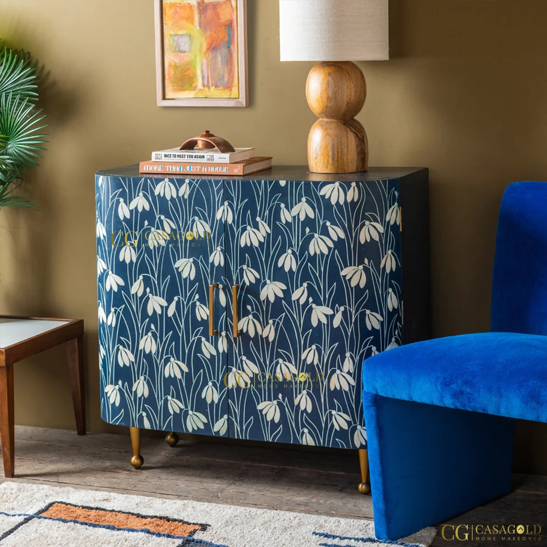 Blue Floral Bone Inlay Cabinet with Storage