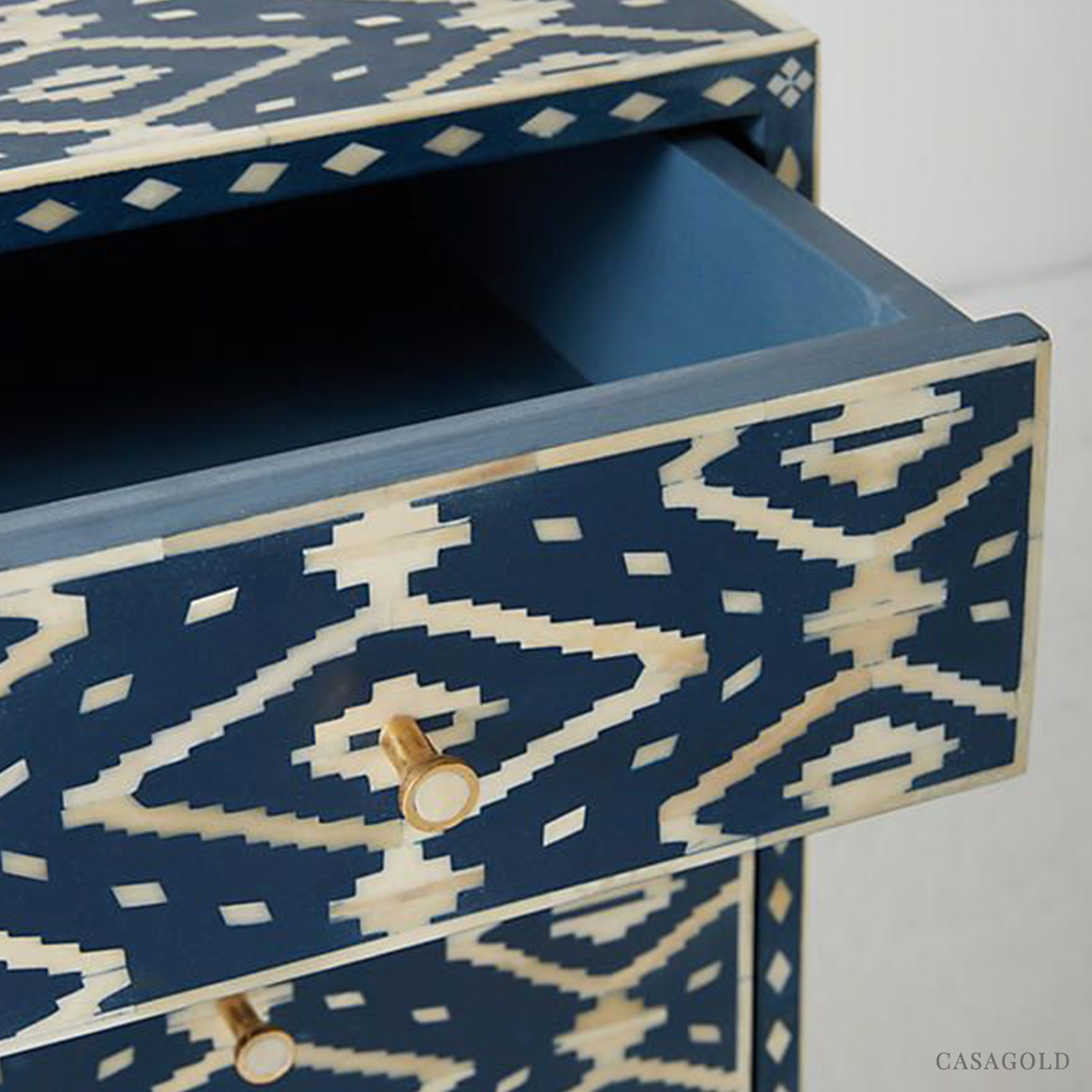 Blue and white diamond-pattern bone inlay bar cabinet for modern homes.