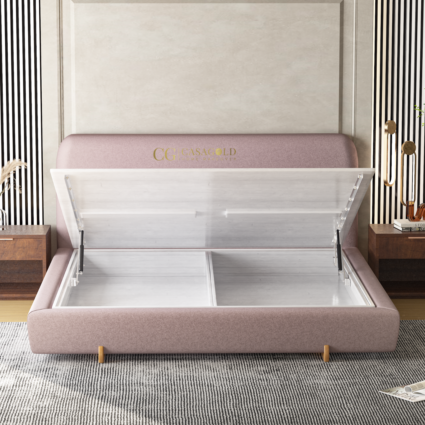 Elegant blush mauve velvet bed with a soft, rounded headboard and spacious under-bed hydraulic storage, styled in a modern bedroom with warm wooden accents
