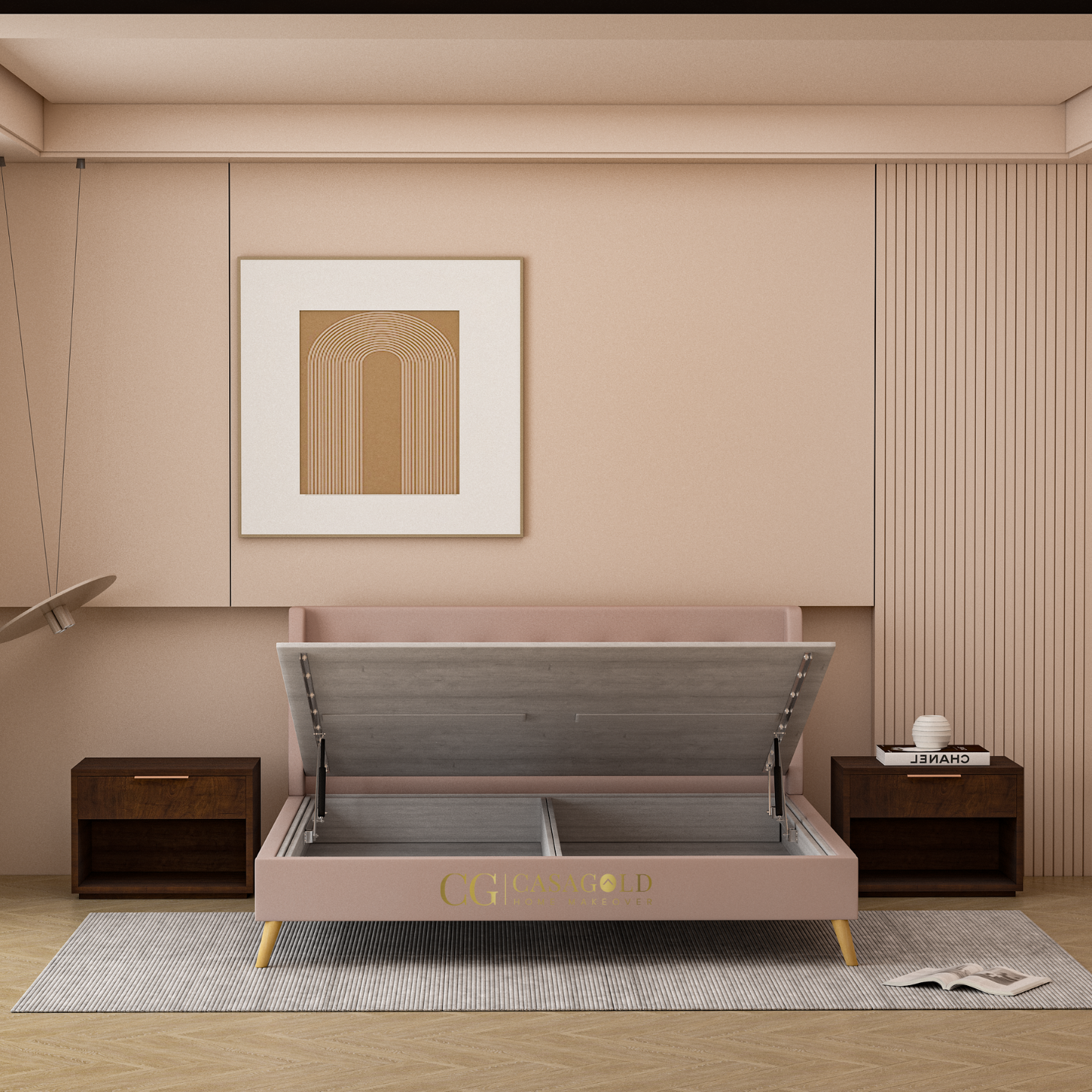 Modern blush pink velvet bed with sleek golden legs and hydraulic lift-up storage