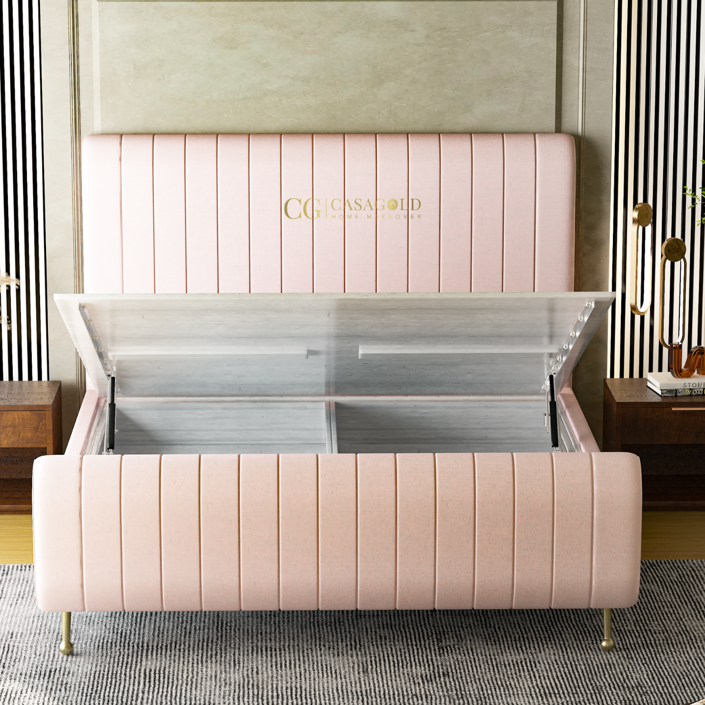 Chic blush pink velvet bed featuring vertical channel tufting on the headboard and footboard, with an open hydraulic lift storage compartment in a modern bedroom setting.