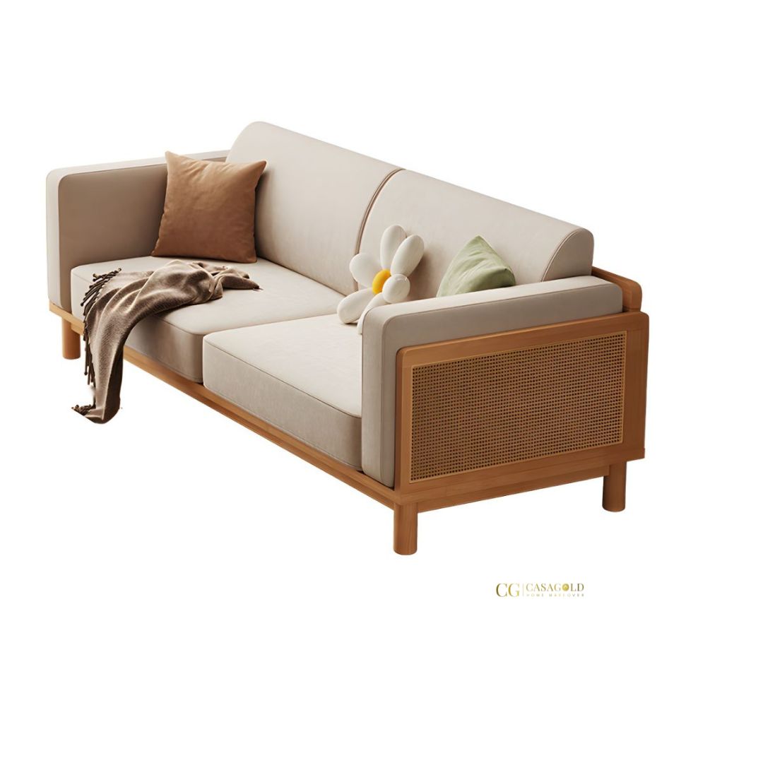 "Bohemian rattan sofa featuring soft, comfortable cushions for relaxed seating"