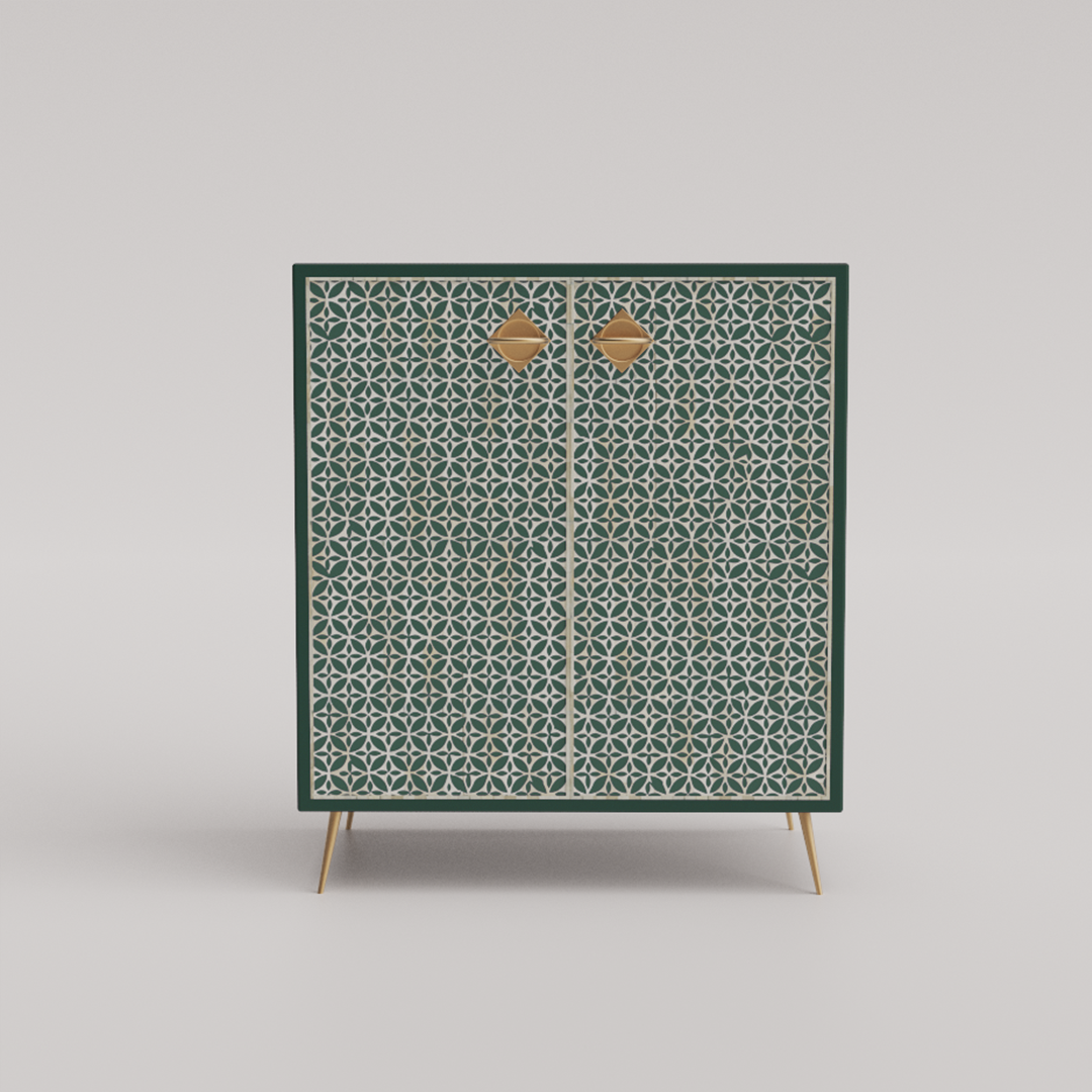 Bold Green bone inlay storage cabinet for dramatic statement decor.
