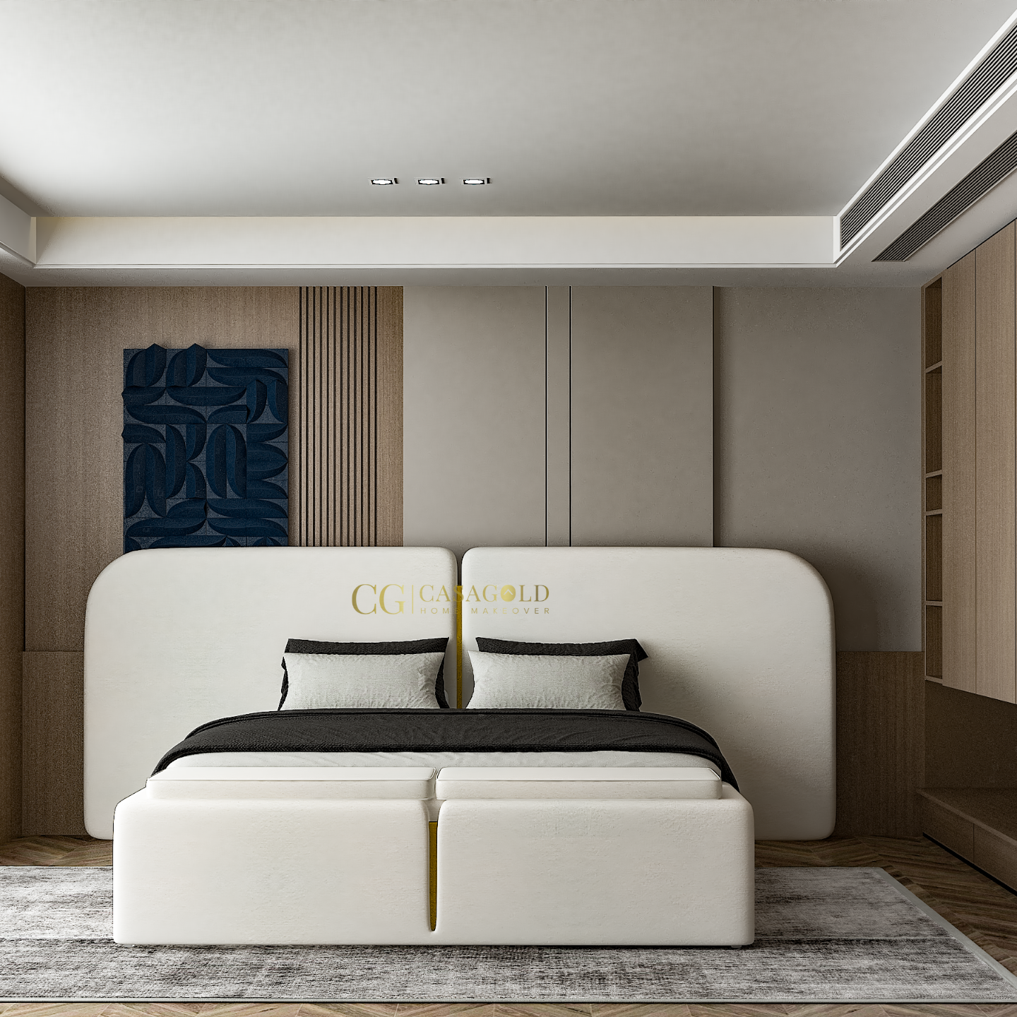 Modern white bed with curved headboard and black-accented pillows.