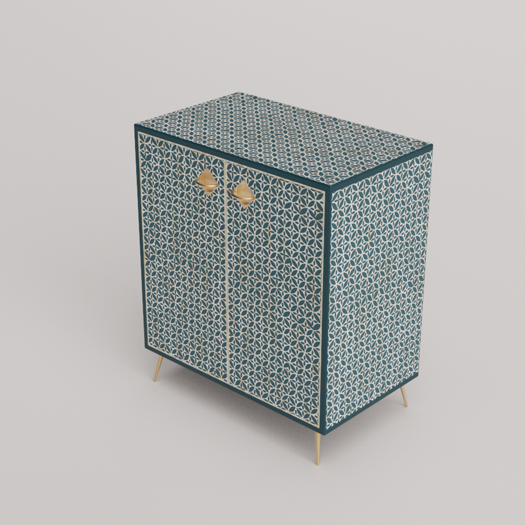 Geometric bone inlay storage cabinet for minimalist interiors.