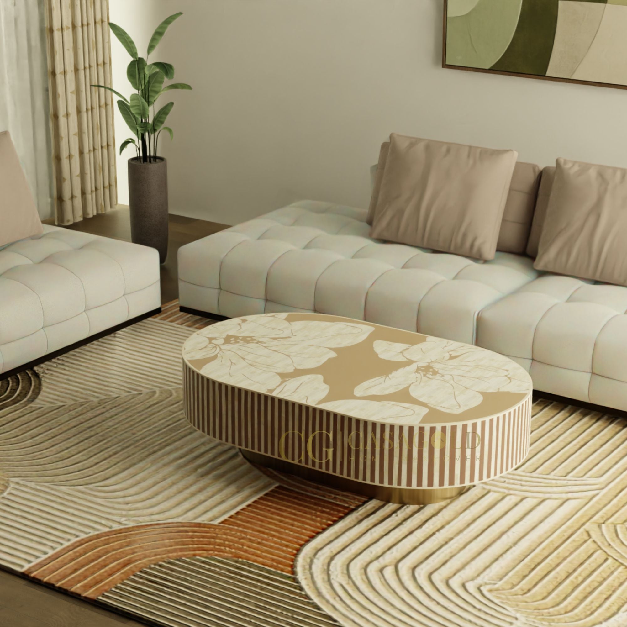 Bone Inlay Oblong Coffee Table with Floral Design
