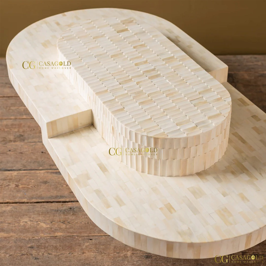 "Bone inlay oblong table with tribal-inspired patterns"