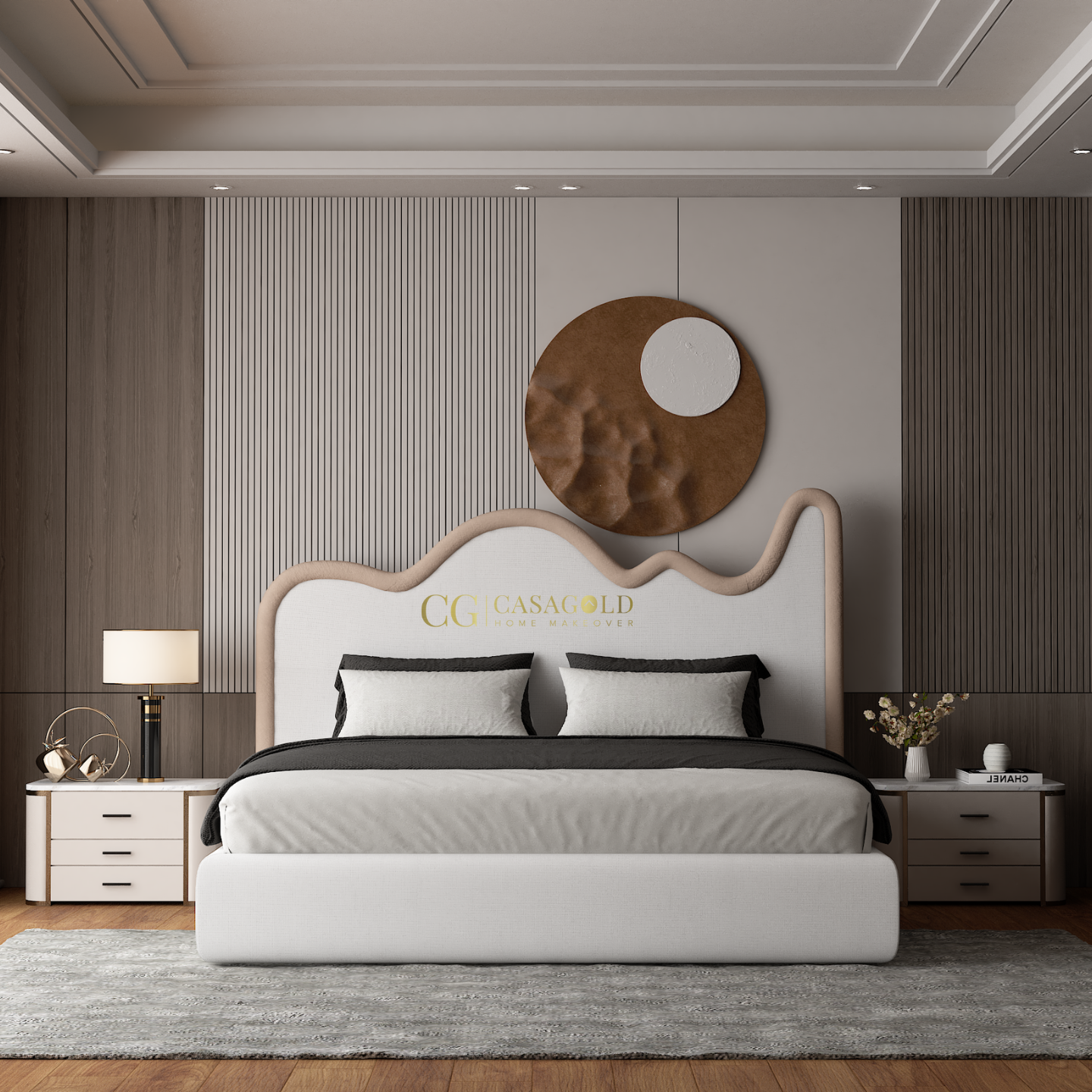 Modern bedroom with wave-shaped headboard and wood panel walls