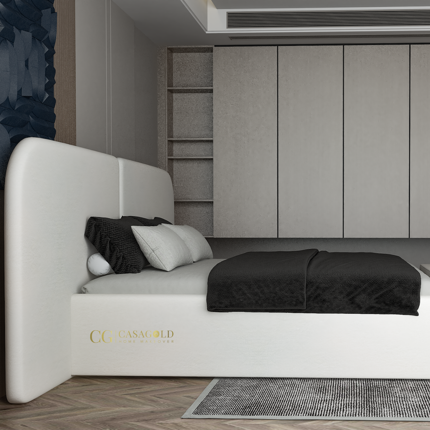 Front view of a sleek white bed placed on a light-toned rug.