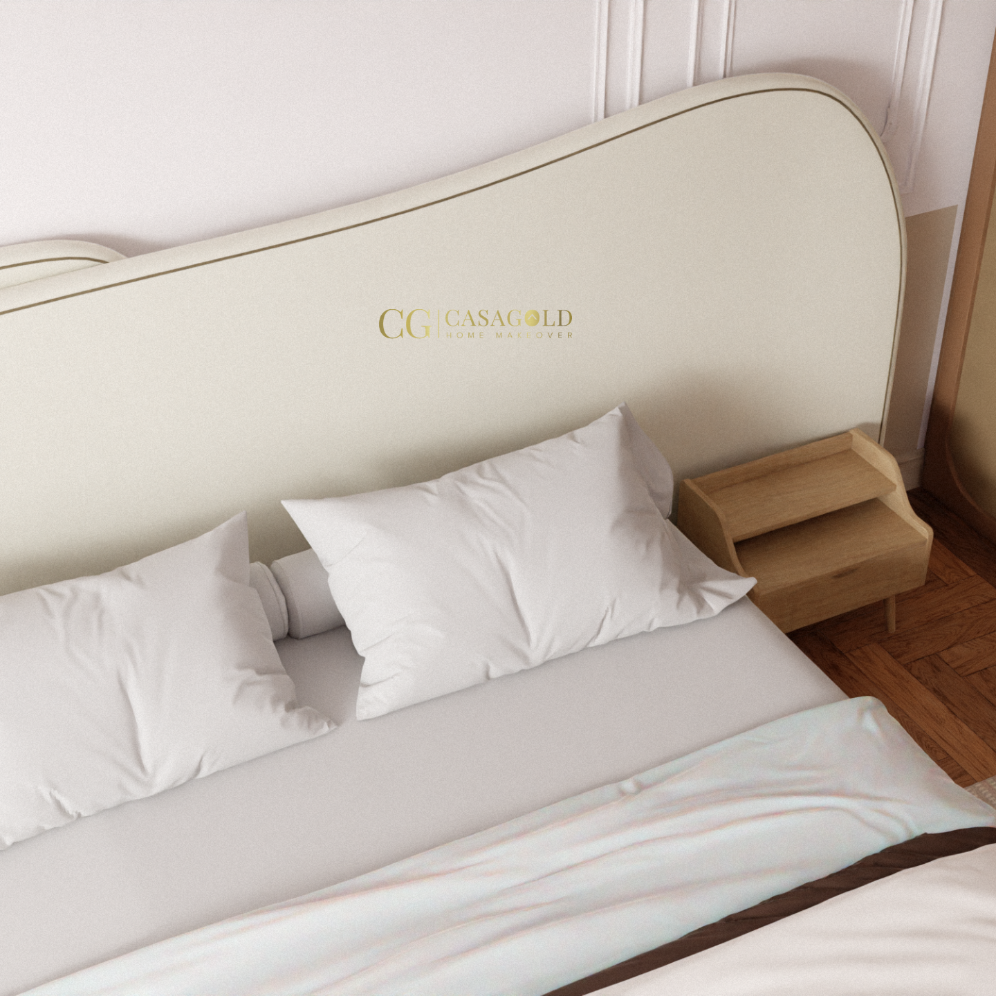 Modern cream and wood bedroom with sculptural headboard