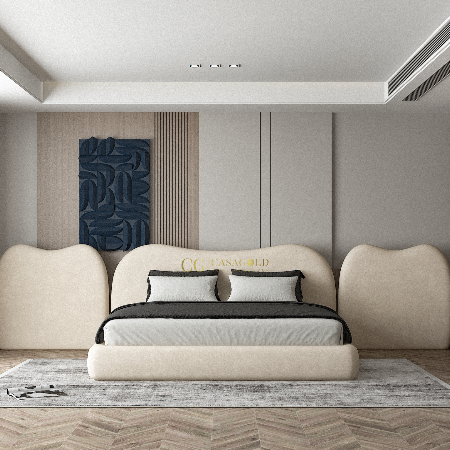 CasaGold modern bedroom with sculpted wave headboard and neutral tones