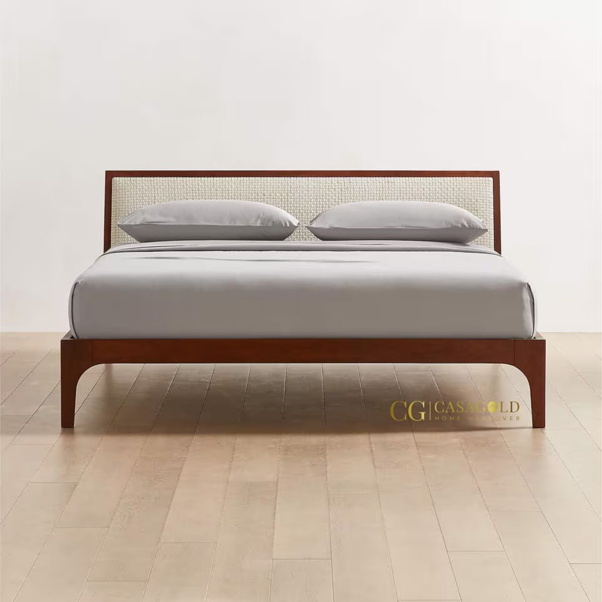 Modern cane weave bed with acacia wood frame.