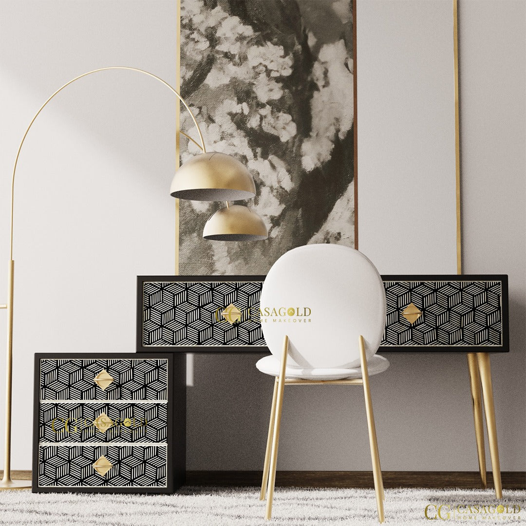 "Chevron pattern inlay study desk with spacious storage drawers for a stylish workspace"