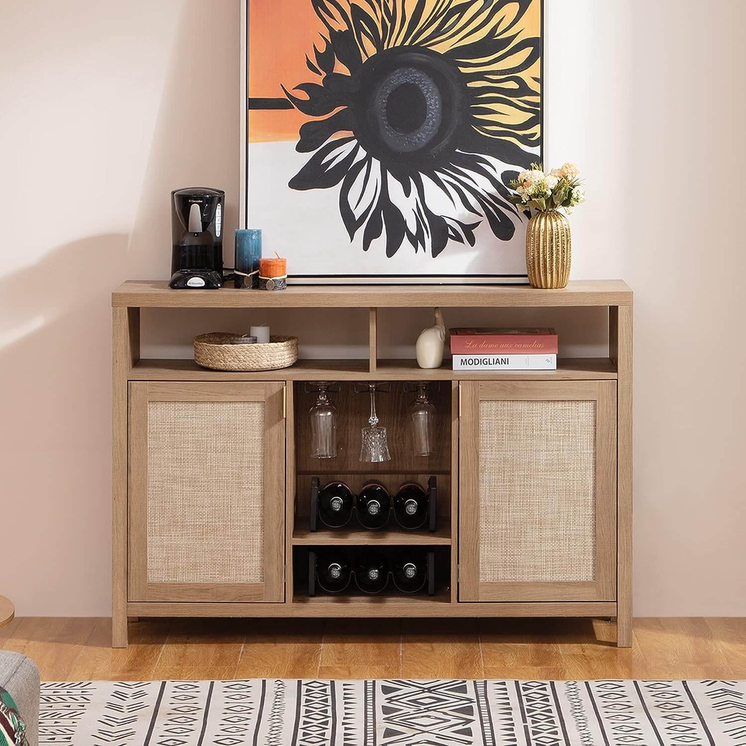 Stylish chevron rattan storage unit for living room
