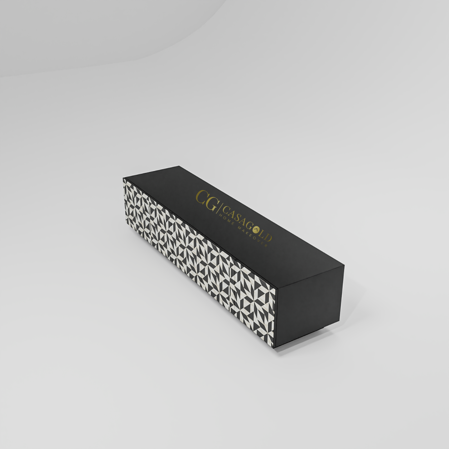 Decorative entry table with repeating black and white geometric pattern