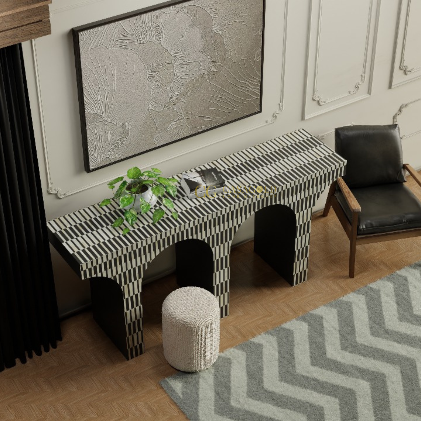 Stylish interior featuring a geometric patterned console, textured wall art, and a zigzag rug.
