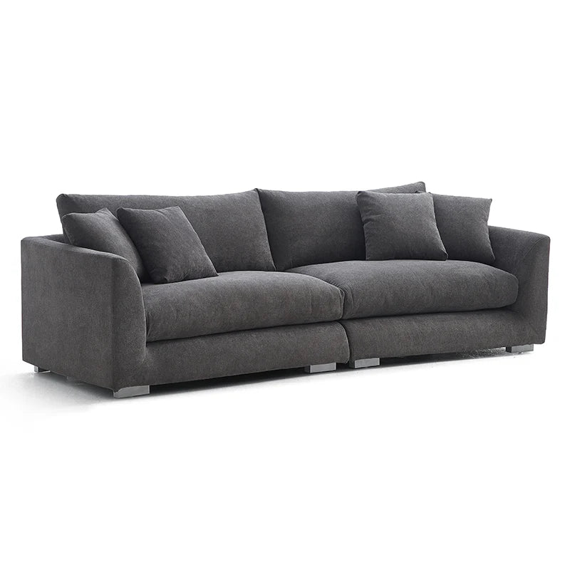 Stylish charcoal upholstered sofa with plush backrests and sturdy frame, 3-seater, convertible to 2-seater.