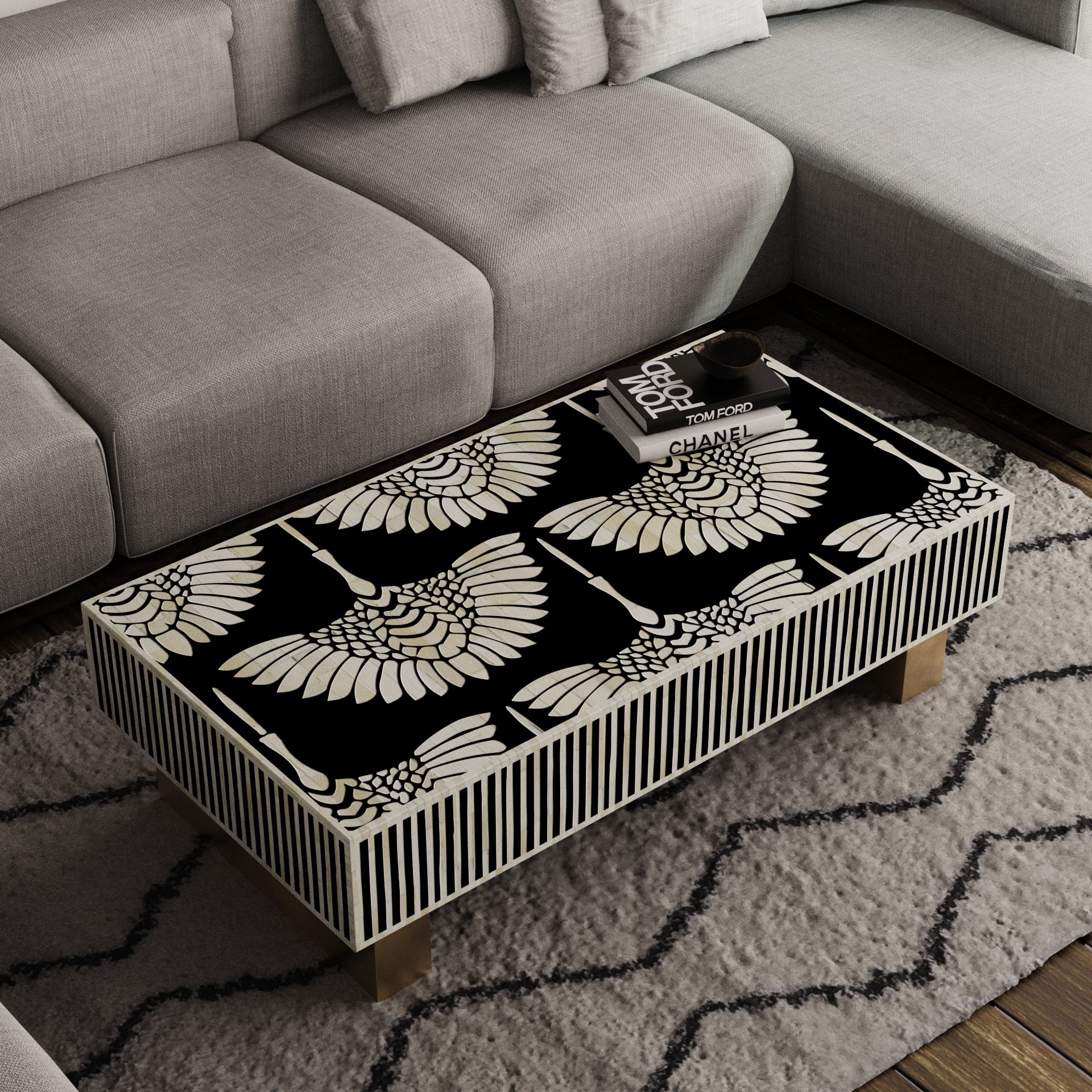 Classic Black Bone Inlay Rectangular Coffee Table