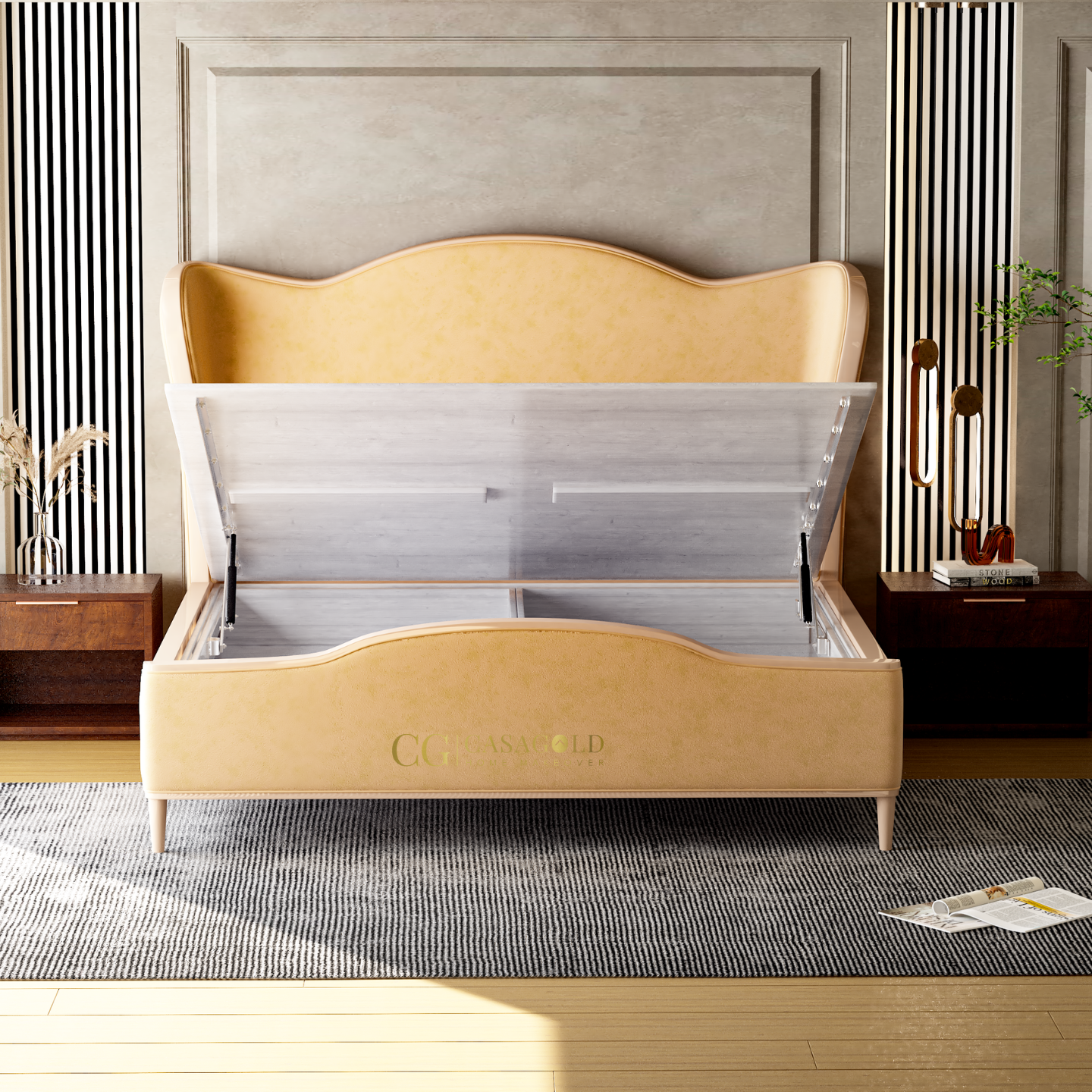 A light wood hydraulic bed with a curved headboard and dual lift-up storage compartments