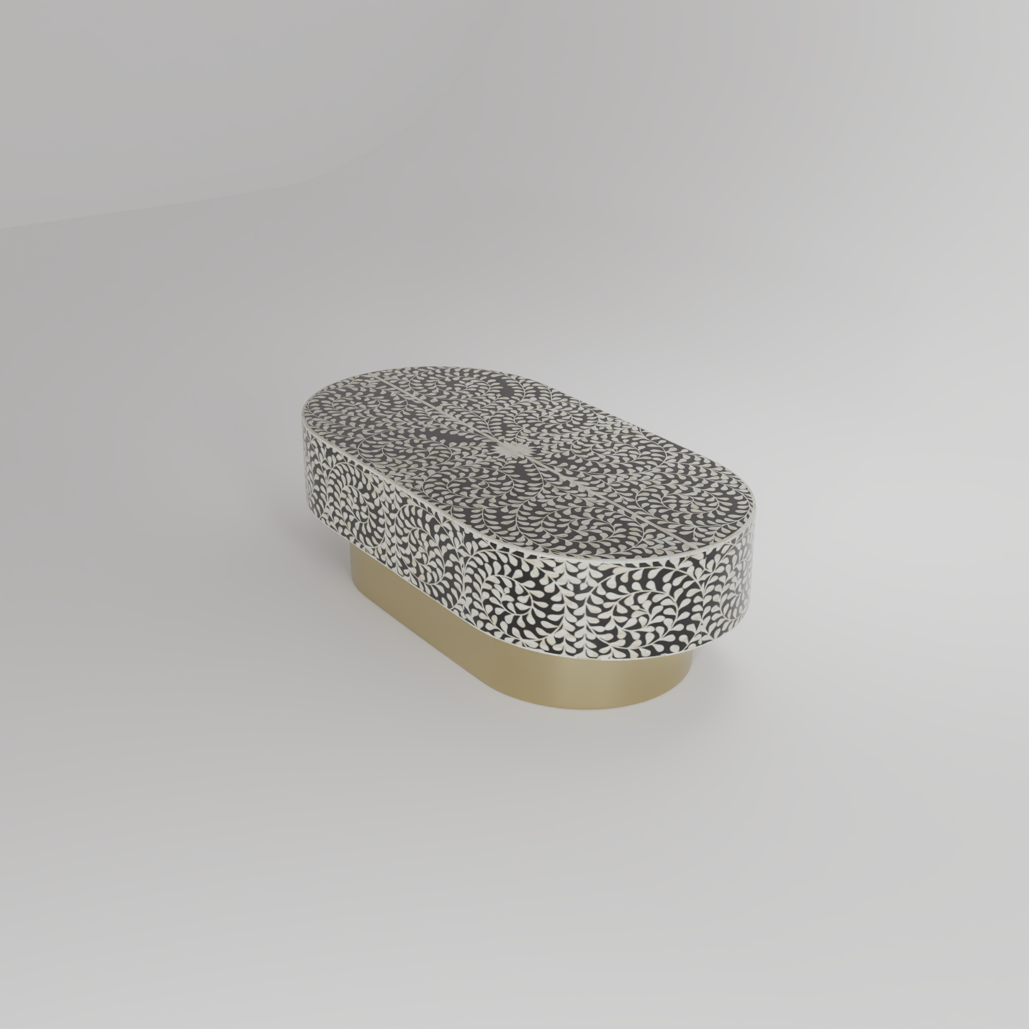Oval-shaped coffee table with a textured black and white pattern and golden base