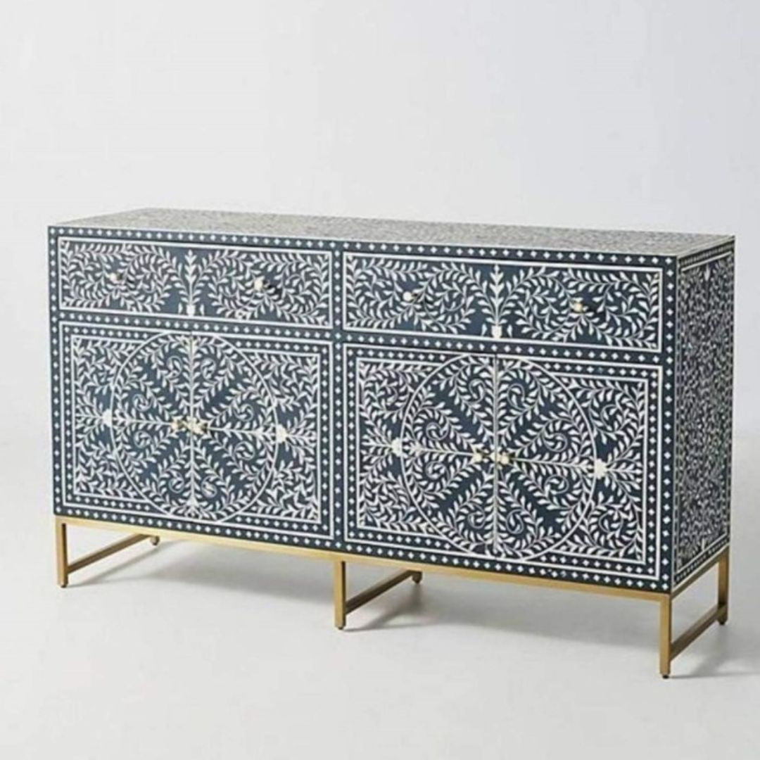 Cleo brass inlay sideboard with luxurious gold accents.