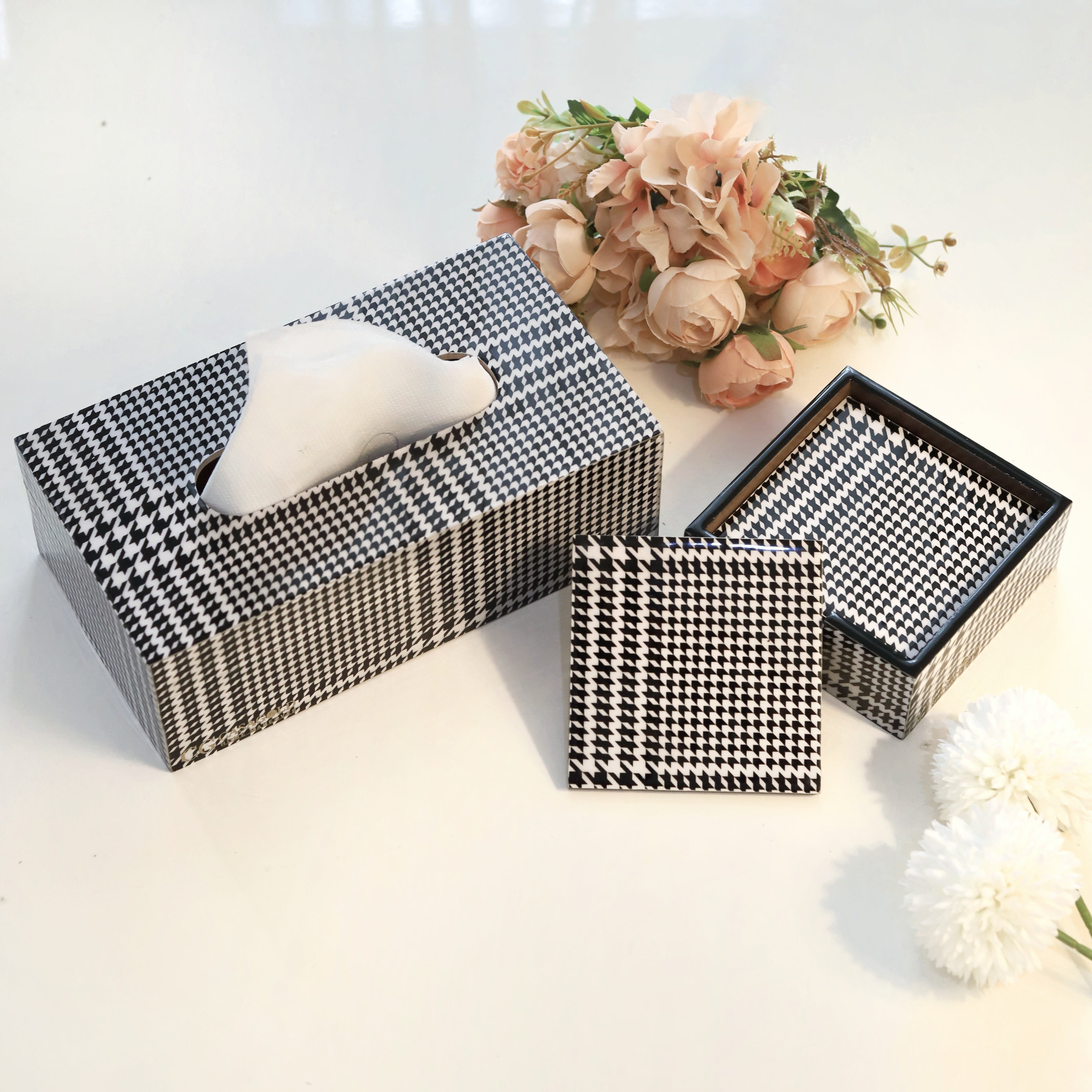 Coaster set with a matching tissue dispenser