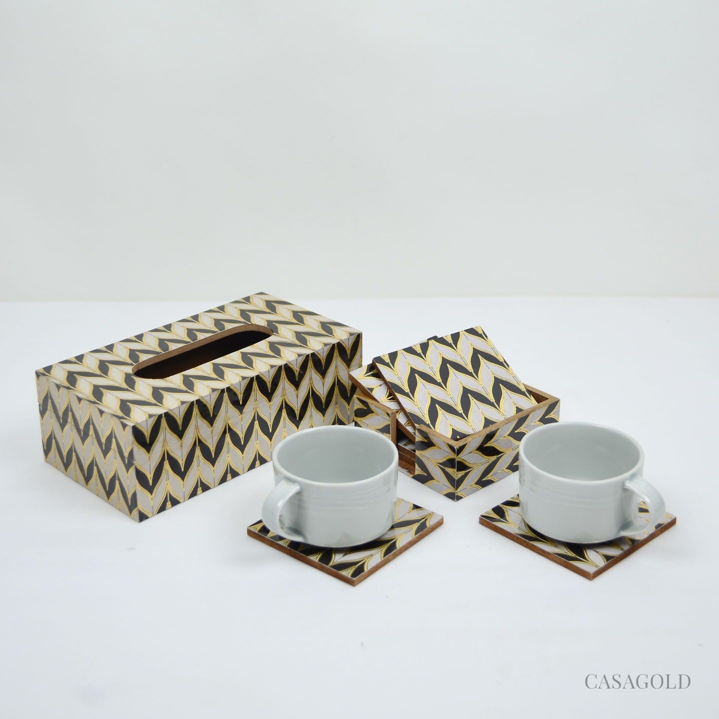 Stylish coaster paired with a matching tissue box