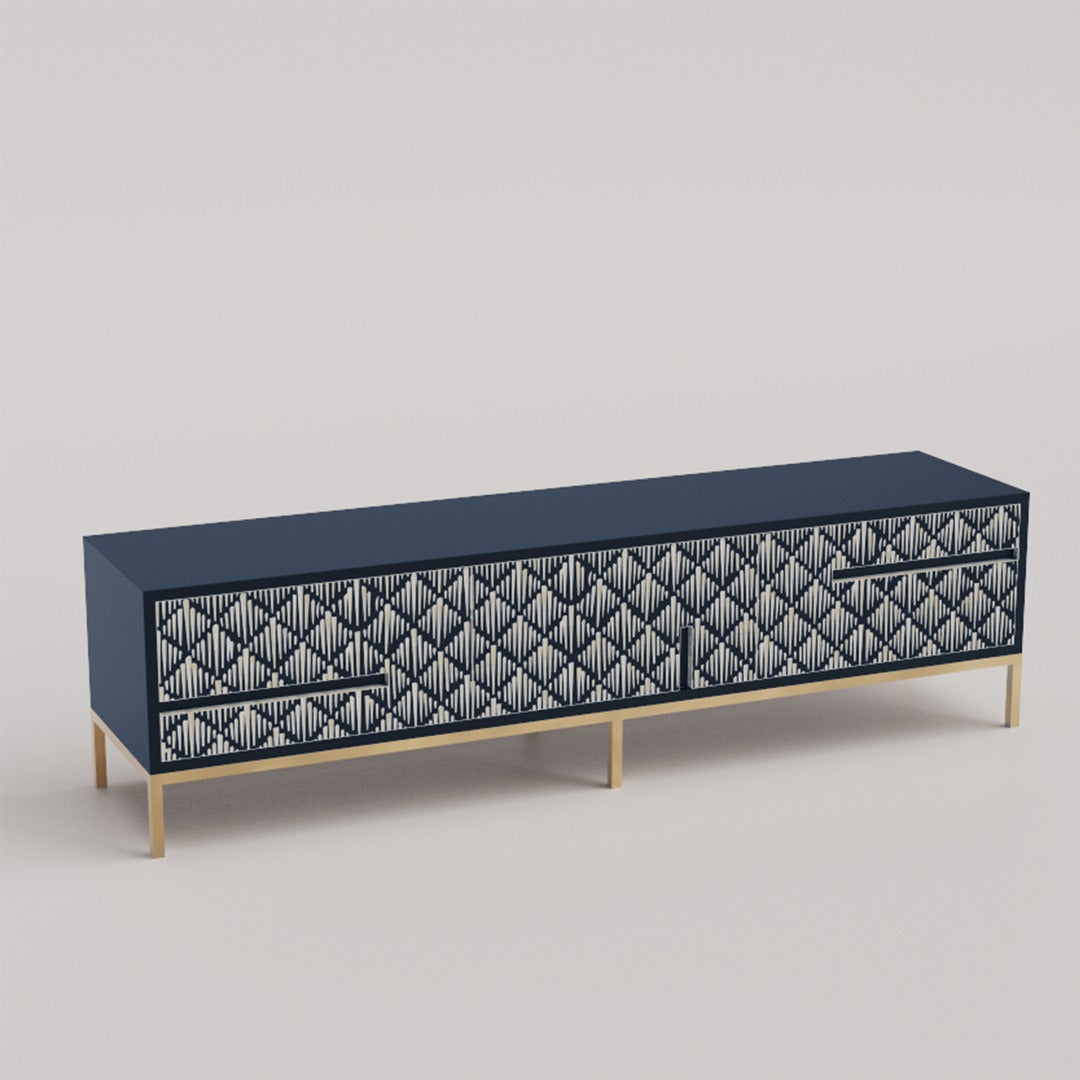 "Compact Teal media unit with sliding doors, perfect for small spaces"