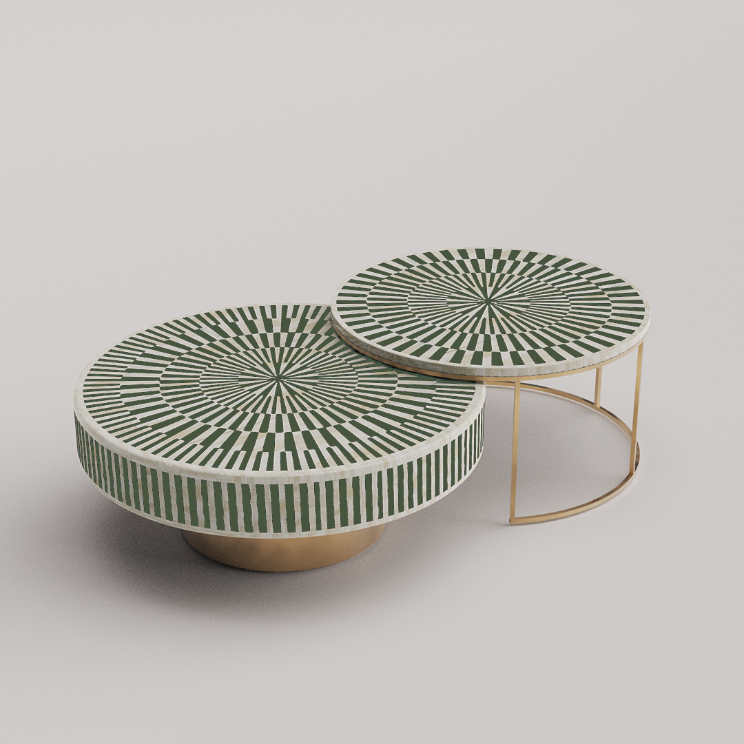 Compact coffee table with round inlay design
