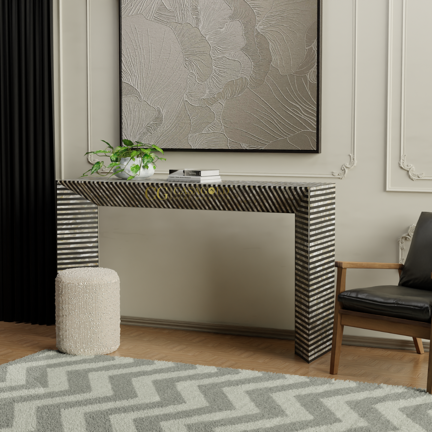 Monochrome interior style with artistic elements and contrasting patterns in furniture and decor.