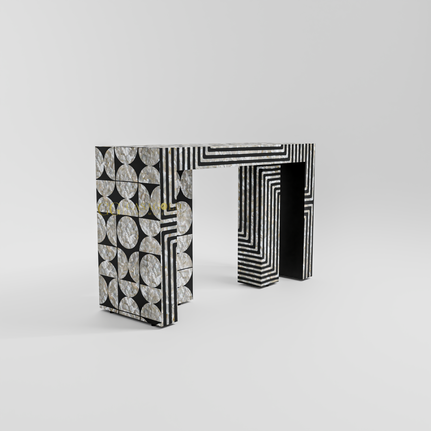 Contemporary console with abstract black and white design and semi-circular pattern work.