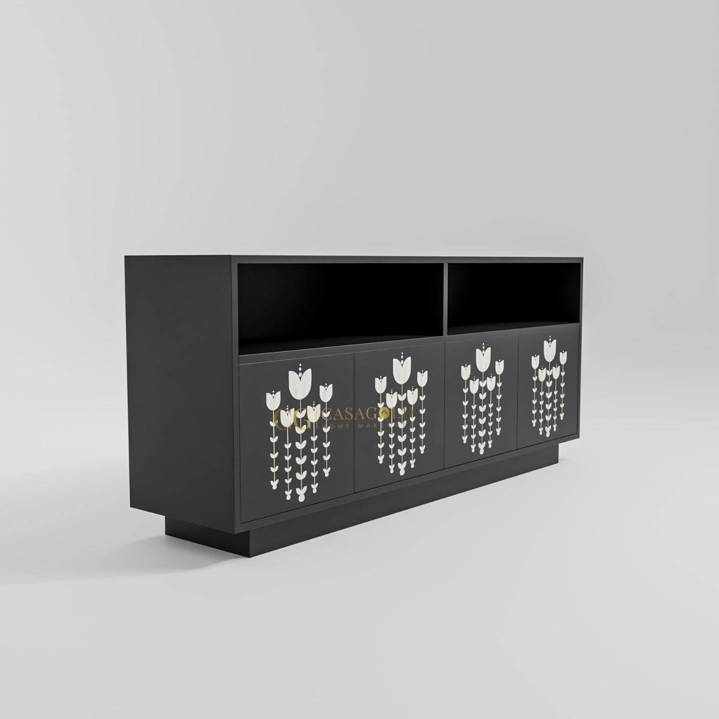 A contemporary storage cabinet in a matte black finish. The four front panels are each adorned with a vertical, repeating pattern of abstract white flowers with delicate stems and leaves.