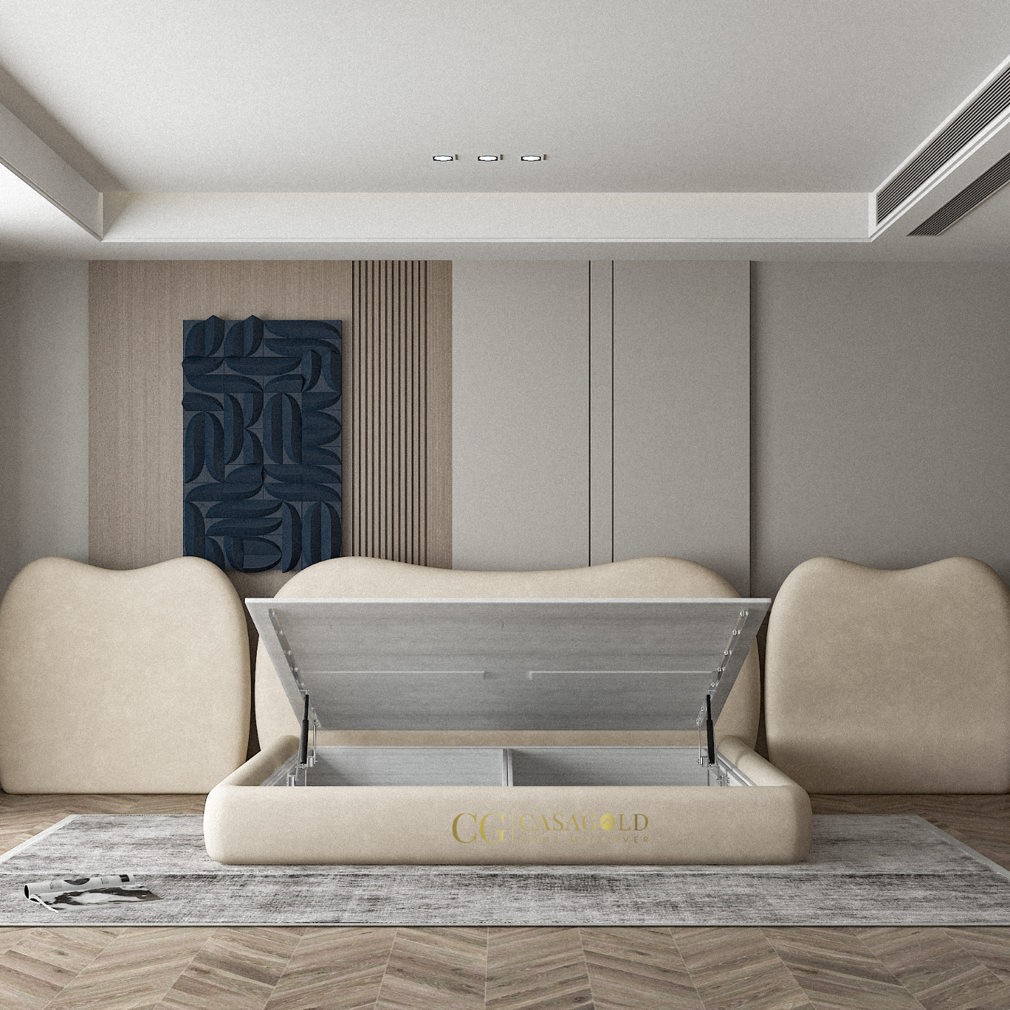 Luxury minimalist bedroom with waveform headboard