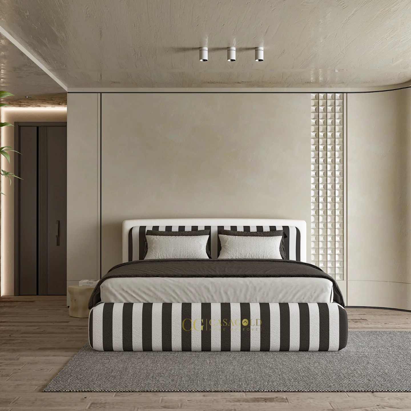 Stylish neutral bedroom with bold vertical striped bed and soft ambient lighting