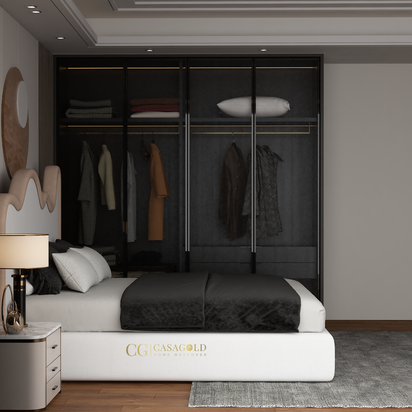Elegant bedroom interior with sculptural furniture and decor