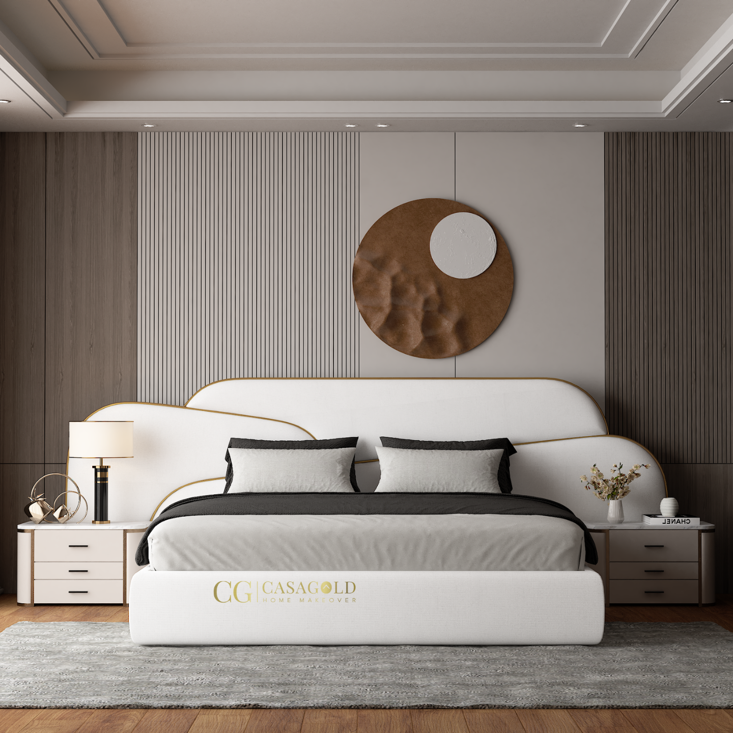 Contemporary bed with built-in storage, wood-paneled walls, and soft ambient lighting.
