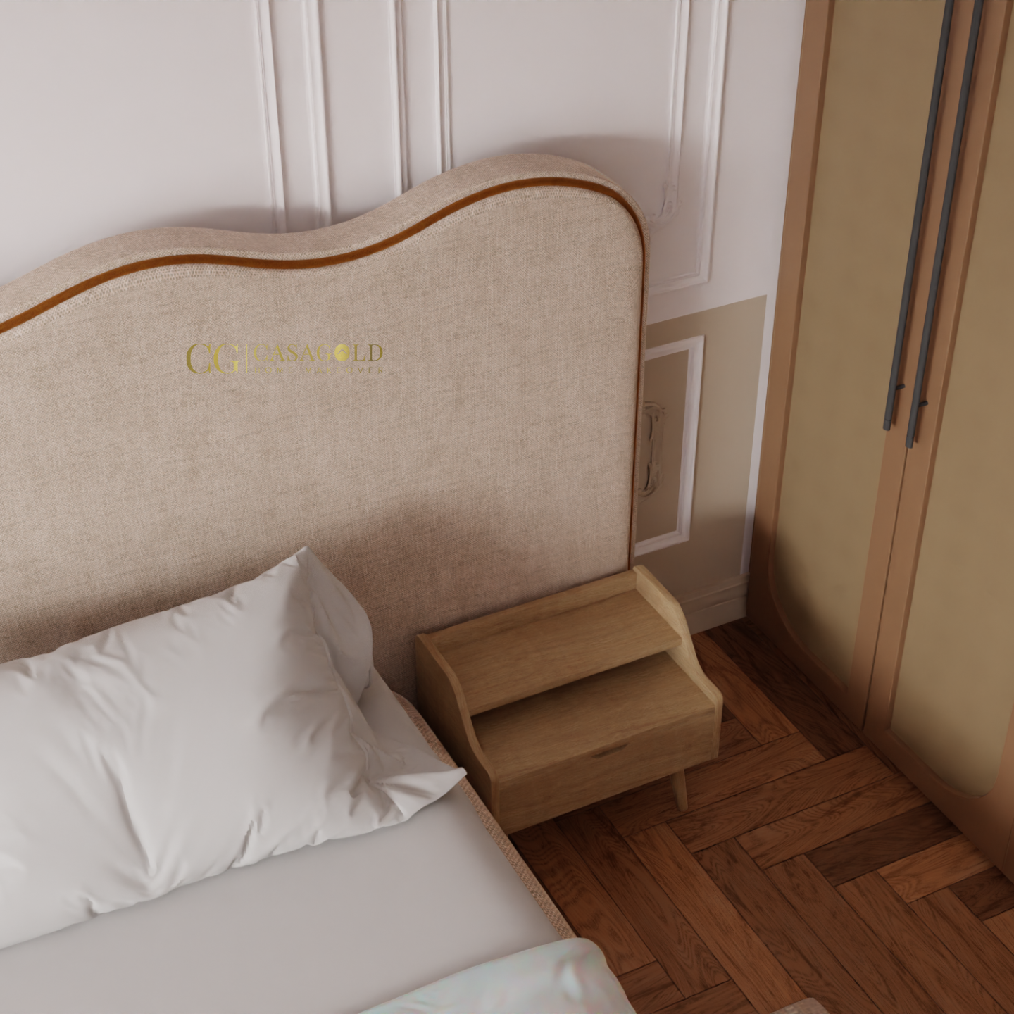 Minimalist bedroom featuring a beige upholstered bed