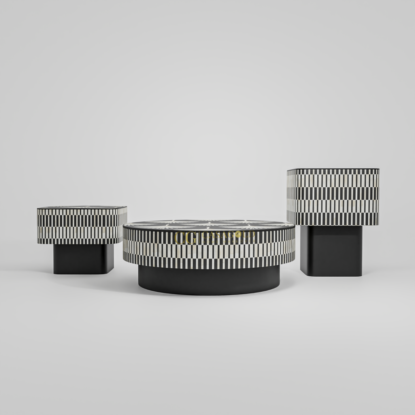 A contemporary seating and table arrangement consisting of three pieces. The center coffee table features a repeating feather or wing pattern