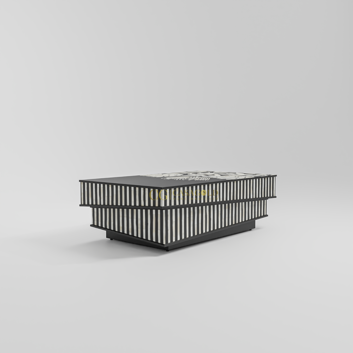Designer coffee table featuring a floral and geometric motif top with tiered striped sides.
