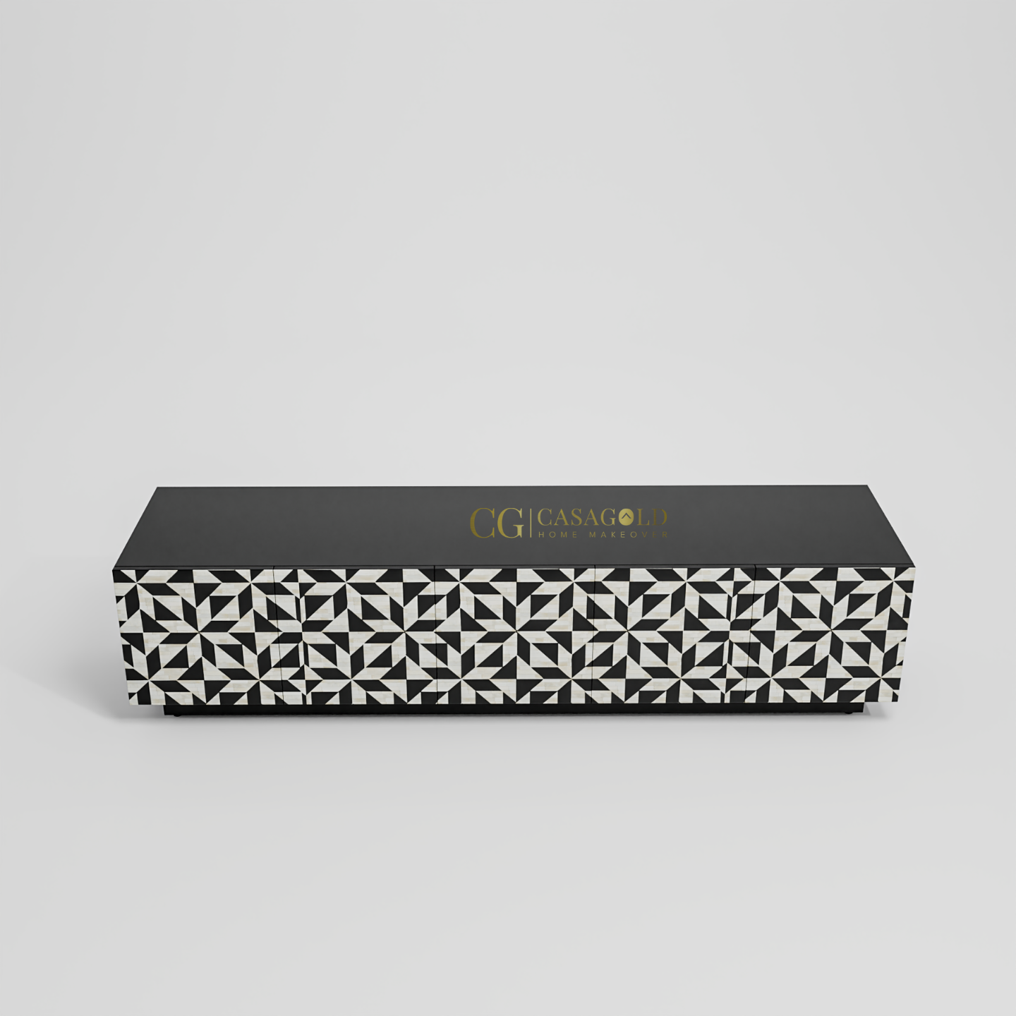 Modern geometric-patterned entry console table with navy and gold accents