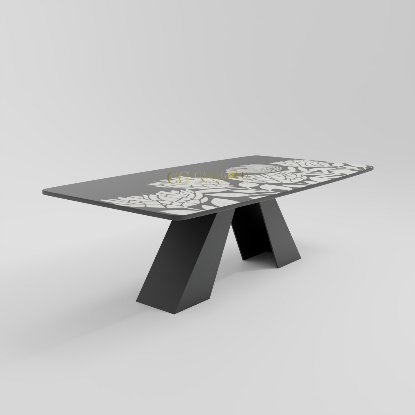 Unique rectangular dining table showcasing a floral botanical design on the tabletop and modern V-shaped leg supports.