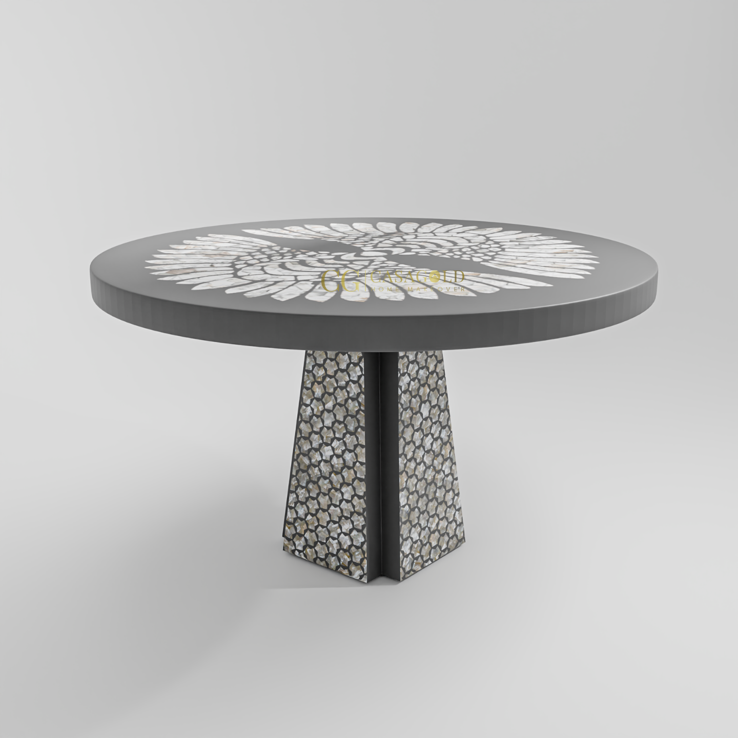 A beautifully crafted round dining table with a white floral design on a smooth surface, supported by a detailed base.