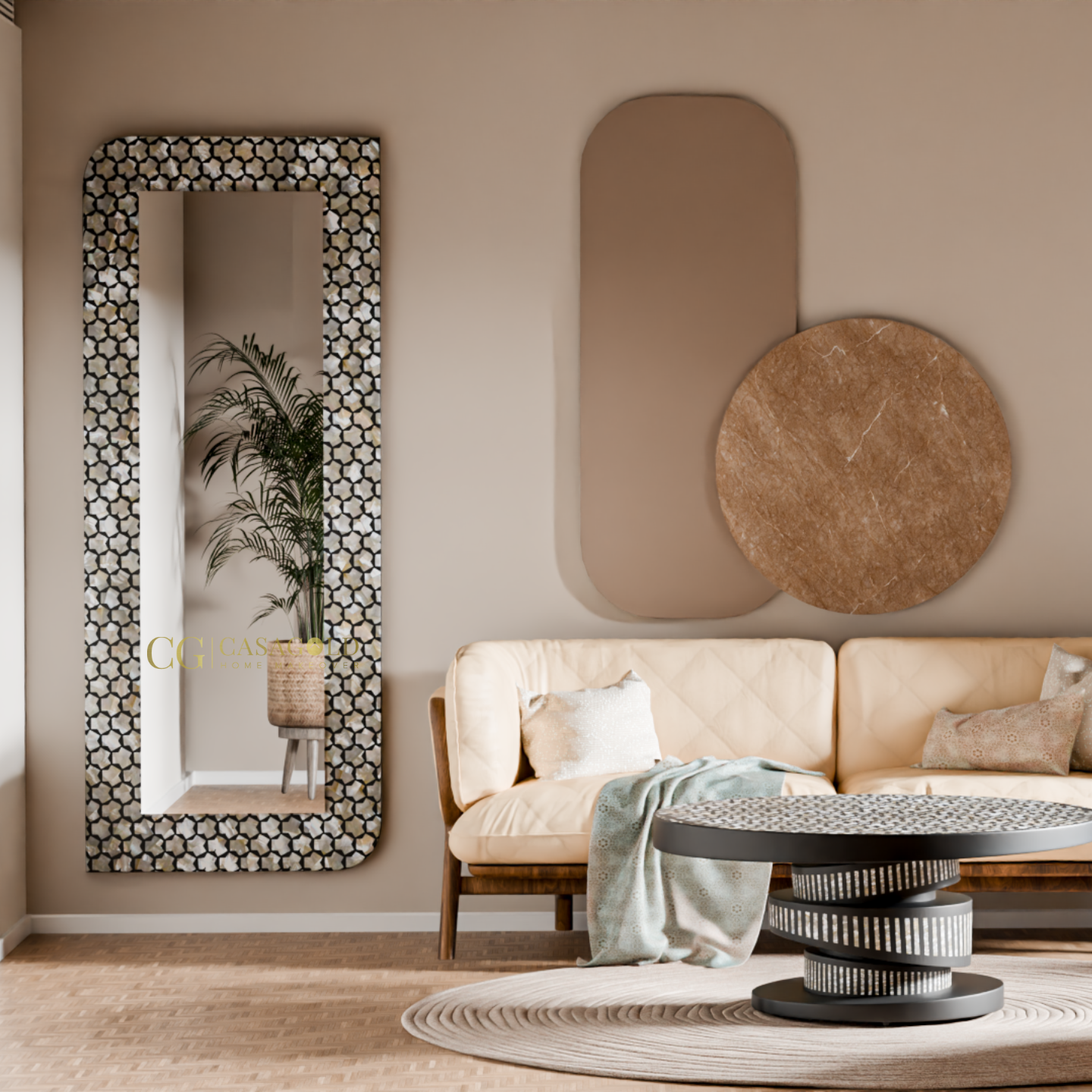Modern full-length mirror featuring a monochrome striped border design.