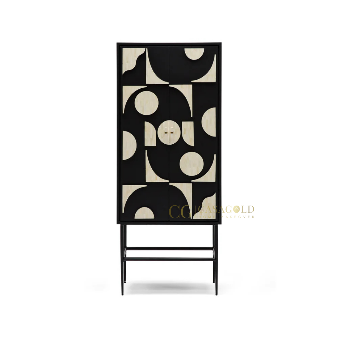 Stylish cabinet featuring bold curved shapes and circular cutouts in a black-and-ivory color scheme.