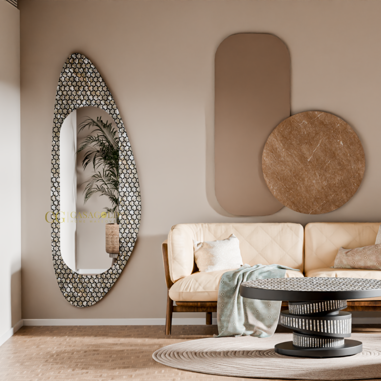 Decorative mirror creating contrast and elegance in a contemporary beige-themed room