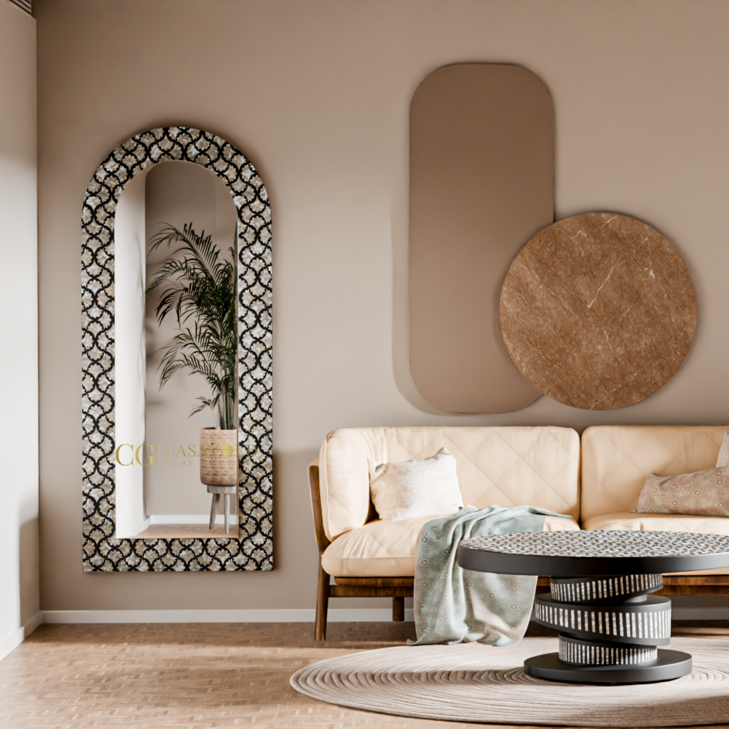 Tall arched mirror with striking black and white design
